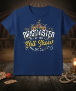 Ringmaster of the Shit Show quote on a blue t-shirt with a vintage circus tent graphic