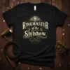 Ringmaster of the Shitshow quote in vintage gold lettering on a black t-shirt, featuring a lion head graphic