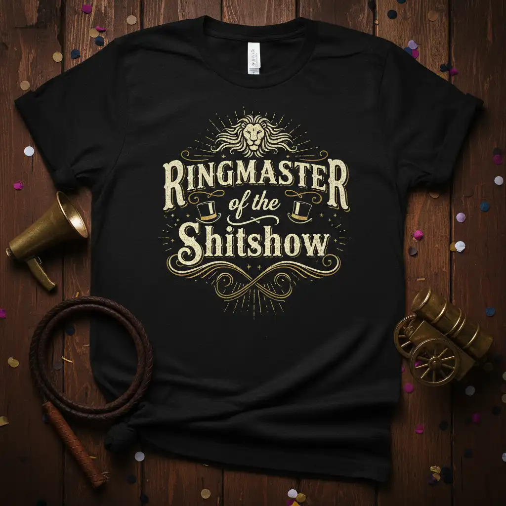 Ringmaster of the Shitshow quote in distressed gold font, with a lion graphic, on a black t-shirt