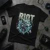 Black t-shirt with "RIOT" text above a mechanical wolf head graphic with glowing blue accents