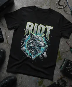 Black t-shirt with "RIOT" text above a mechanical wolf head graphic with glowing blue accents