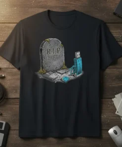 R.I.P. USB Floppy Disk Drive t-shirt design showing a USB stick mourning a broken floppy disk drive graveyard