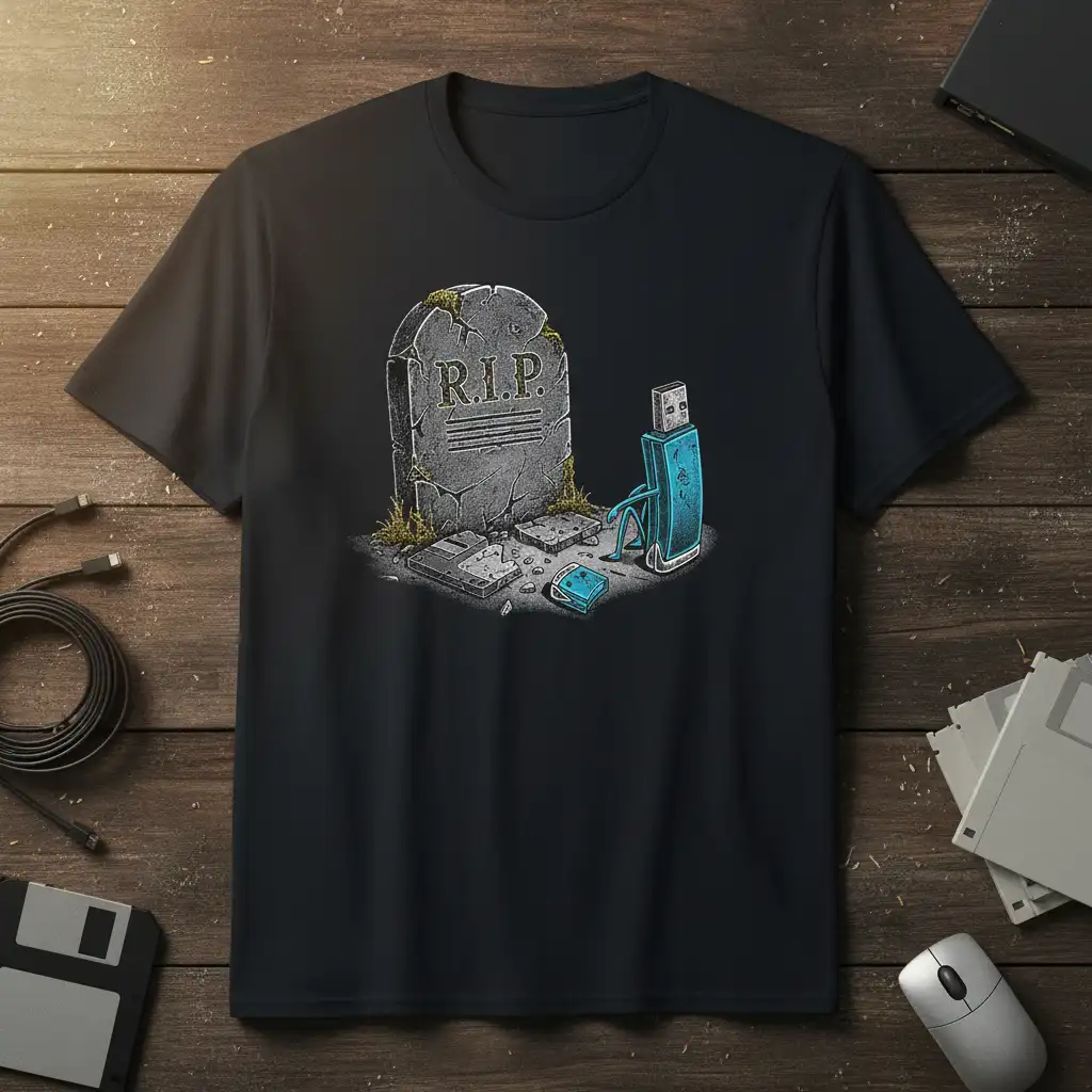 R.I.P. USB Floppy Disk Drive graphic humorously illustrates the end of an era for old storage media