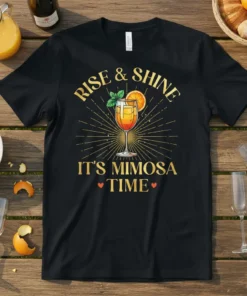 Rise & Shine It's Mimosa Time text with a mimosa glass graphic on a black t-shirt
