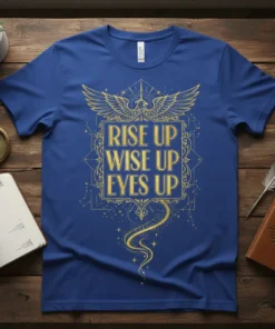 Blue t-shirt with gold text "RISE UP WISE UP EYES UP" in ornate frame, featuring eagle wings and celestial elements