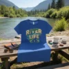 River Life t-shirt design with vintage lettering, fish, and fishing lure graphic