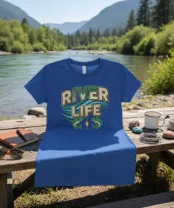 River Life t-shirt design with vintage lettering, fish, and fishing lure graphic