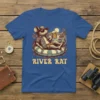 River Rat t-shirt design featuring a cartoon mouse in sunglasses and a Hawaiian shirt relaxing on an inner tube with