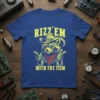 Rizz' Em With The Tism graphic tee featuring a cowboy raccoon wearing sunglasses and bandanna, pointing fingers