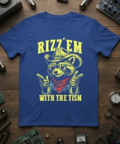 Rizz' Em With The Tism graphic tee featuring a cowboy raccoon wearing sunglasses and bandanna, pointing fingers