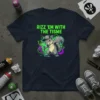 Rizz 'Em With The Tisme t-shirt design featuring a cartoon squirrel wearing a hat and holding a microphone, with vibrant