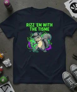 Rizz 'Em With The Tisme t-shirt design featuring a cartoon squirrel wearing a hat and holding a microphone, with vibrant