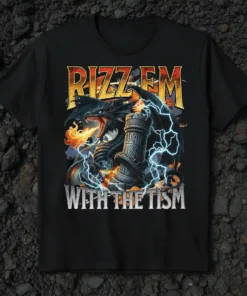 Rizzem With The Tism graphic t-shirt featuring a black dragon breathing fire and lightning around a stone pillar