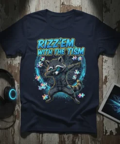 Rizz'Em With The Tism t-shirt featuring a dabbing raccoon graphic with puzzle pieces and circuit board elements