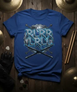 RLRR LRLL text design on a blue t-shirt featuring a drum and crossed drumsticks, electric blue accents