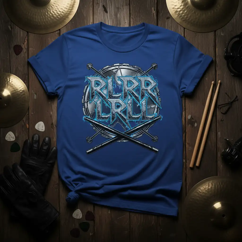 RLRR LRLL text graphic with drum and crossed sticks, electric blue energy accents on blue tee