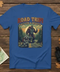 Road Trip! Raccoon & Bigfoot t-shirt design featuring a raccoon and Bigfoot on a scenic forest road at sunset