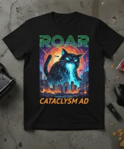 Roar Cataclysm AD design on a black t-shirt featuring a giant robot cat breathing blue energy over a city