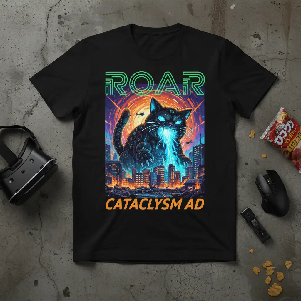 Giant robot cat breathing blue energy with ROAR CATACLYSM AD text on a black t-shirt design