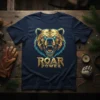 Roar Power graphic t-shirt featuring a geometric golden bear head with glowing blue eyes and the text ROAR POWER below