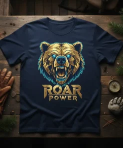 Roar Power graphic t-shirt featuring a geometric golden bear head with glowing blue eyes and the text ROAR POWER below