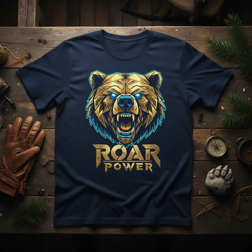 Roar Power text and geometric golden bear head with blue eyes on a navy t-shirt