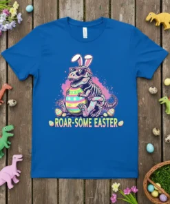 Roar-Some Easter text with a dinosaur wearing bunny ears and sunglasses holding an Easter egg