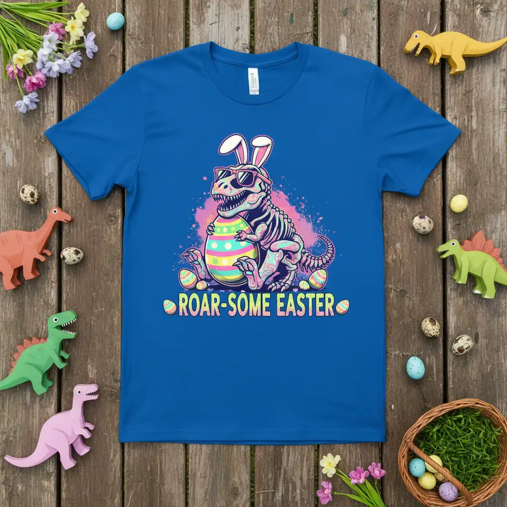 Roar-Some Easter dinosaur graphic tee with T-Rex, bunny ears, and Easter egg