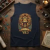 Roar Wild text and fierce lion head graphic on a dark navy tank top