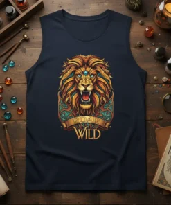 Roar Wild text and fierce lion head graphic on a dark navy tank top