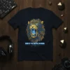 Roar of the Digital Savanna t-shirt design featuring a stylized lion with glowing blue text inside its mouth