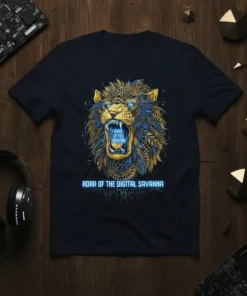 Roar of the Digital Savanna t-shirt design featuring a stylized lion with glowing blue text inside its mouth