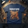 Robert help quote on a navy t-shirt with a complex mechanical gear and root design