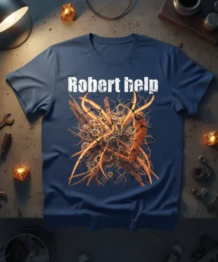 Robert help quote on a navy t-shirt with a complex mechanical gear and root design
