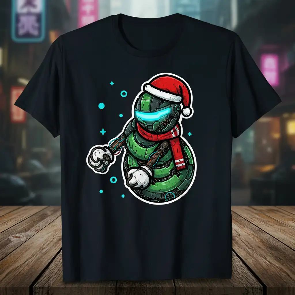 Robot Snowman Christmas stylish graphic printed on quality cotton blend creating a standout t-shirt