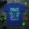 ROCK CAT SHREDDING SINCE '88 t-shirt design with a winged cat playing dual guitars in a retro neon style