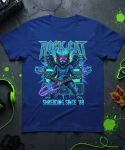 ROCK CAT SHREDDING SINCE '88 t-shirt design with a winged cat playing dual guitars in a retro neon style