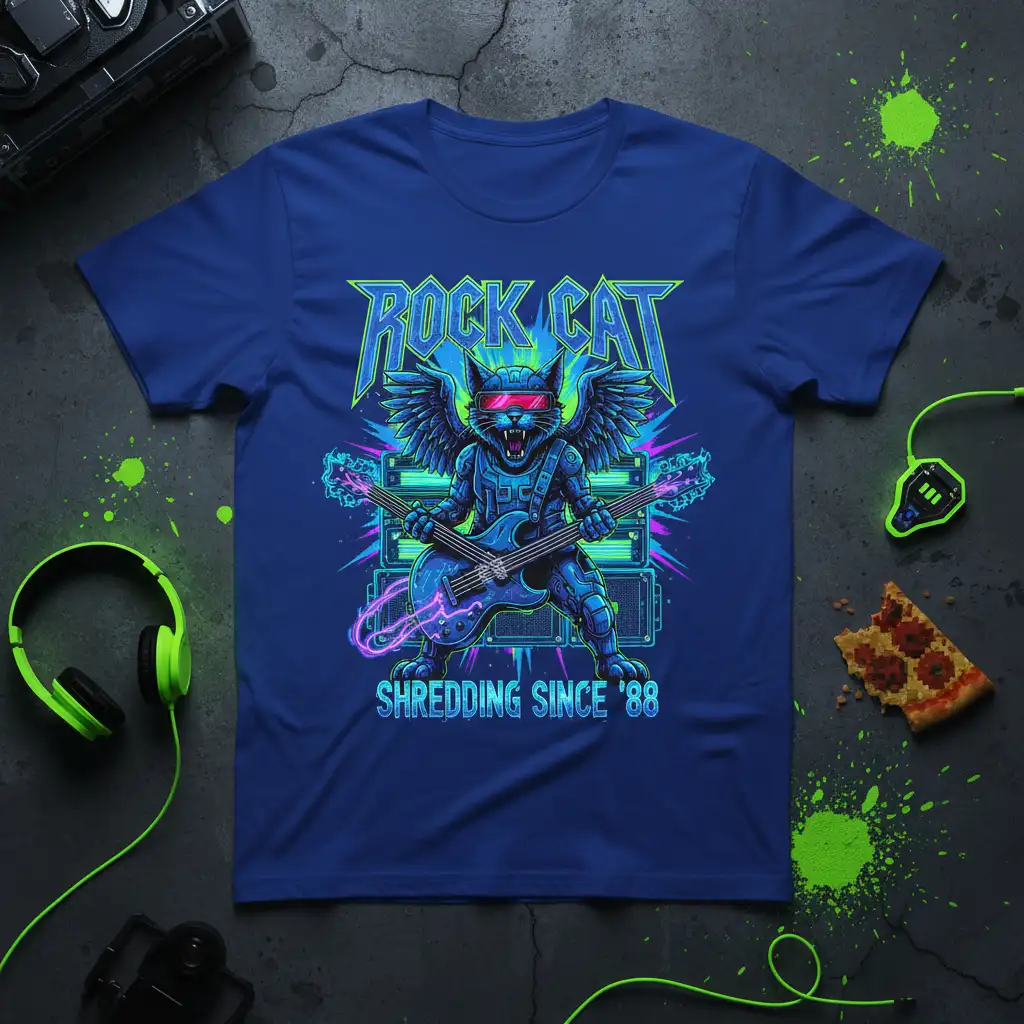 Winged cat playing dual guitars with ROCK CAT SHREDDING SINCE '88 text in neon retro style