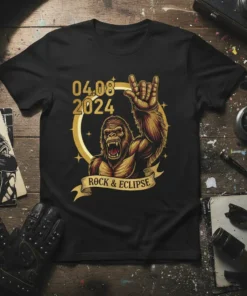 Black t-shirt with "Rock & Eclipse" design featuring a roaring gorilla giving the rock-on hand sign, date 04.08.2024, and golden