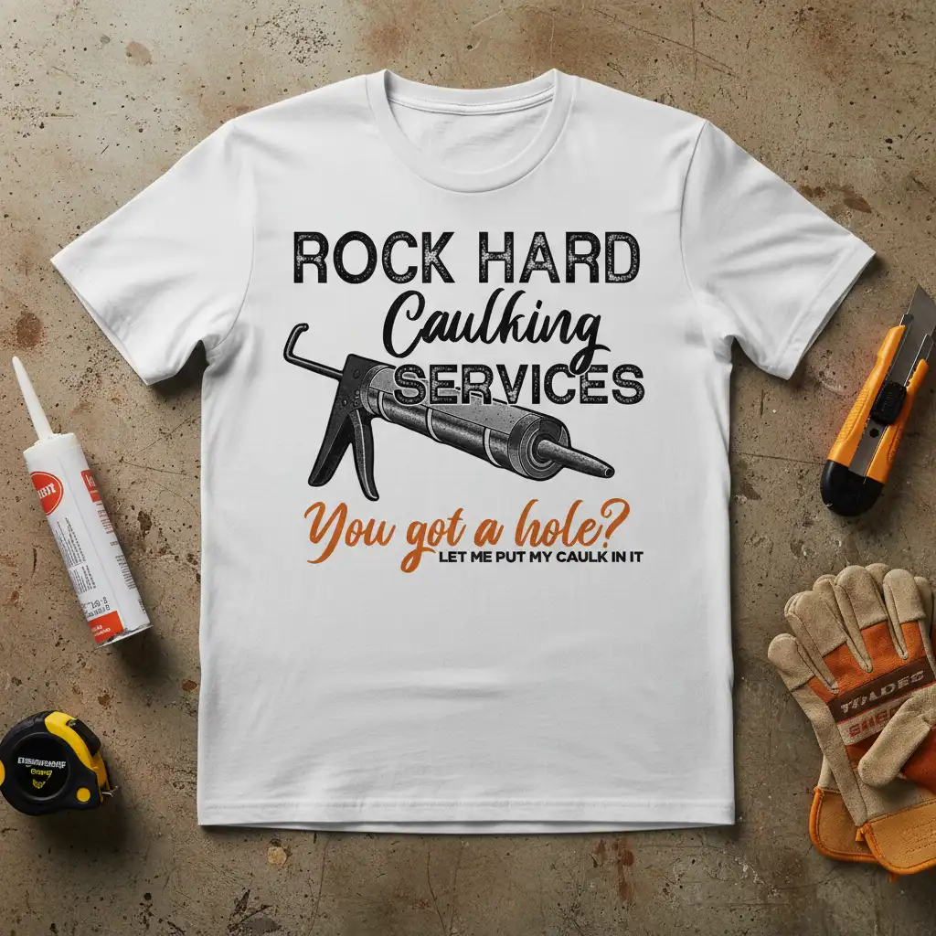 Rock Hard Caulking Services funny quote t-shirt with caulking gun graphic and handyman humor text