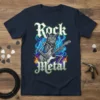 Rock Metal Skeleton Cat T-Shirt featuring a skeleton cat playing an electric guitar surrounded by flames and lightning