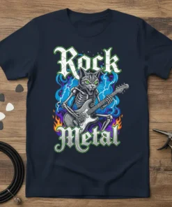 Rock Metal Skeleton Cat T-Shirt featuring a skeleton cat playing an electric guitar surrounded by flames and lightning