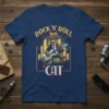 Rock N Roll Cat design featuring a cat playing a guitar, wearing sunglasses and a suit, with city skyline background