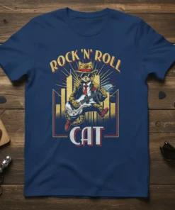 Rock N Roll Cat design featuring a cat playing a guitar, wearing sunglasses and a suit, with city skyline background