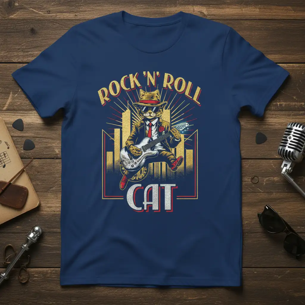 Rock N Roll Cat graphic tee design with a cool cat playing a guitar and city backdrop