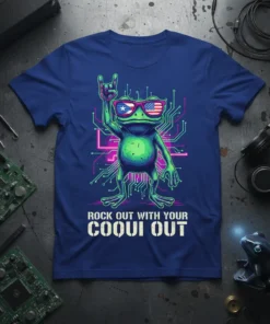 Rock Out With Your Coqui Out t-shirt featuring a green frog wearing American flag sunglasses, making a rock hand gesture