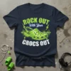 Rock Out With Your Crocs Out t-shirt design featuring a neon green Croc shoe and lightning bolts