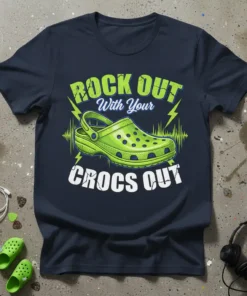 Rock Out With Your Crocs Out t-shirt design featuring a neon green Croc shoe and lightning bolts