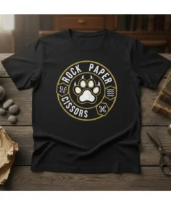 Rock Paper Cissors text around a white paw print graphic on a black t-shirt
