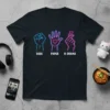 Rock Paper K-DRAMA text with hand gestures in neon blue and pink on a black t-shirt